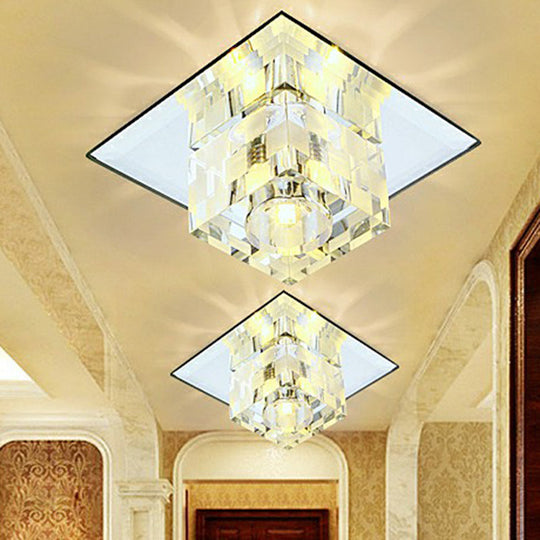 Minimalist Led Ceiling Fixture With Checkered Pattern - Clear Crystal Cube Flush Mount Lamp For