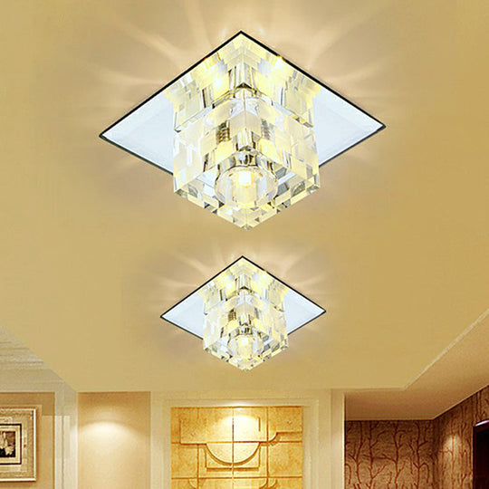 Minimalist LED Ceiling Fixture with Checkered Pattern - Clear Crystal Cube Flush Mount Lamp for Living Room