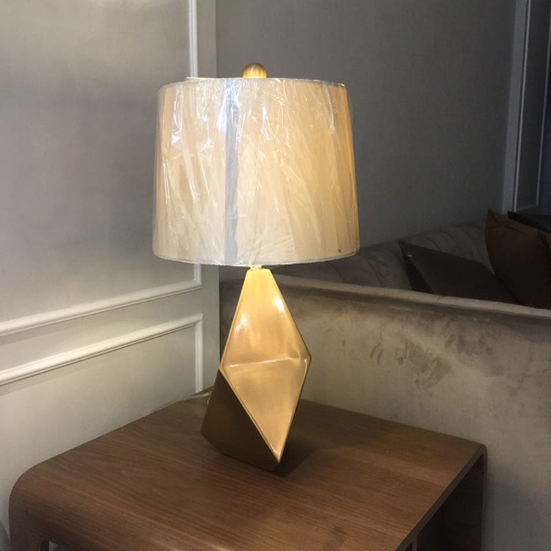 Gold Metal Desk Lamp With White Fabric Shade - Traditional Tapered Design