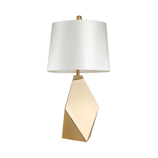 Gold Metal Desk Lamp With White Fabric Shade - Traditional Tapered Design