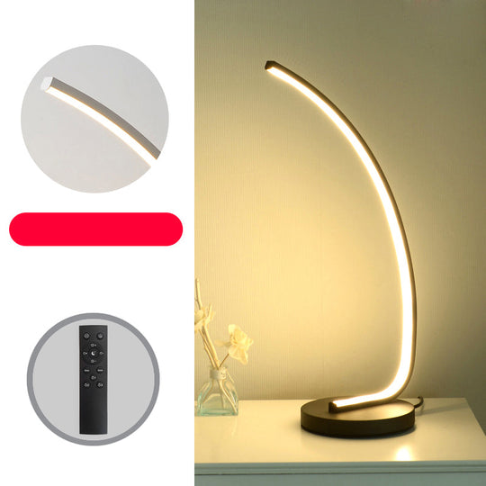 Metal Bedside Table Lamp With Curve Led Nightstand Light And Round Base Black / Remote Control