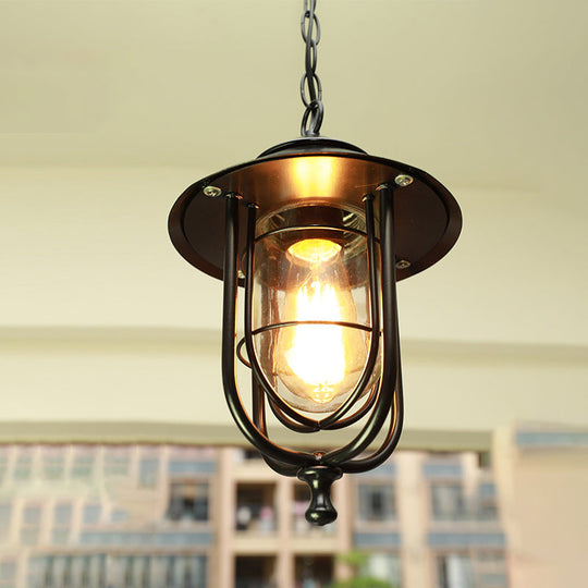 Rustic Black Outdoor Pendant Light With Clear Glass Shade / Birdcage