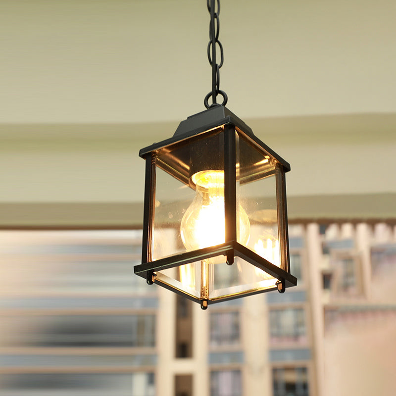 Rustic Black Outdoor Pendant Light With Clear Glass Shade / Square Plate