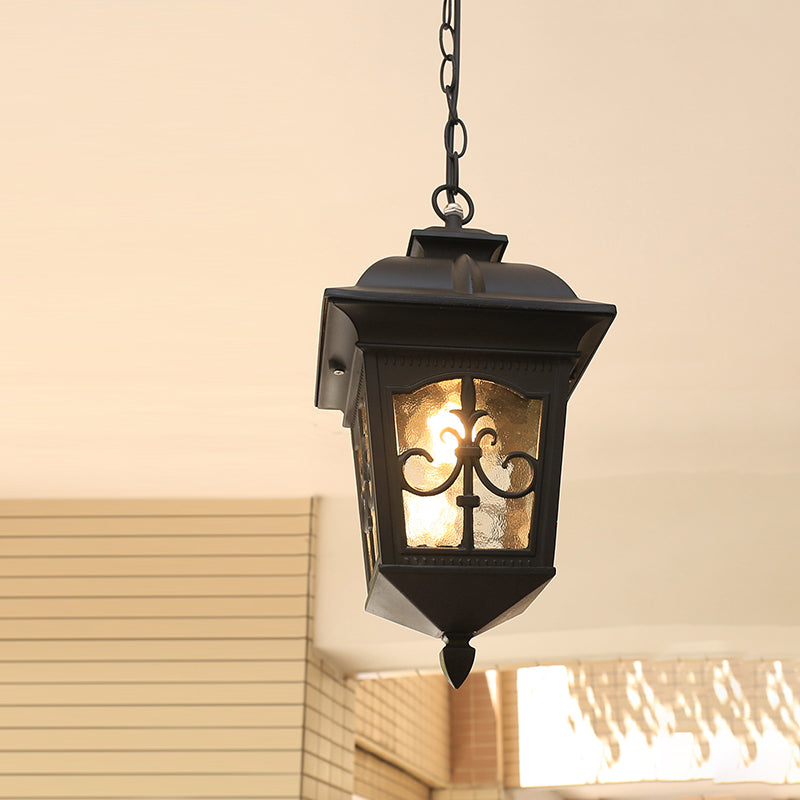 Rustic Black Outdoor Pendant Light With Clear Glass Shade / Flower