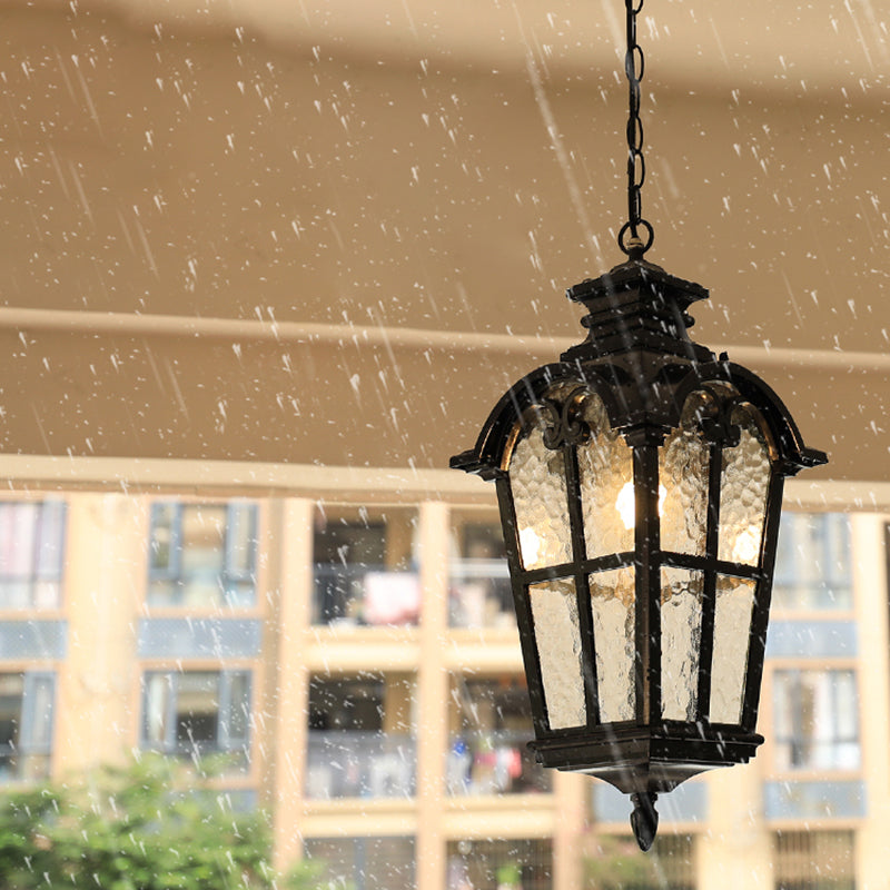 Tapered Rippled Glass Pendant Light - Classic Single Bulb Suspension Lamp For Courtyard In Black