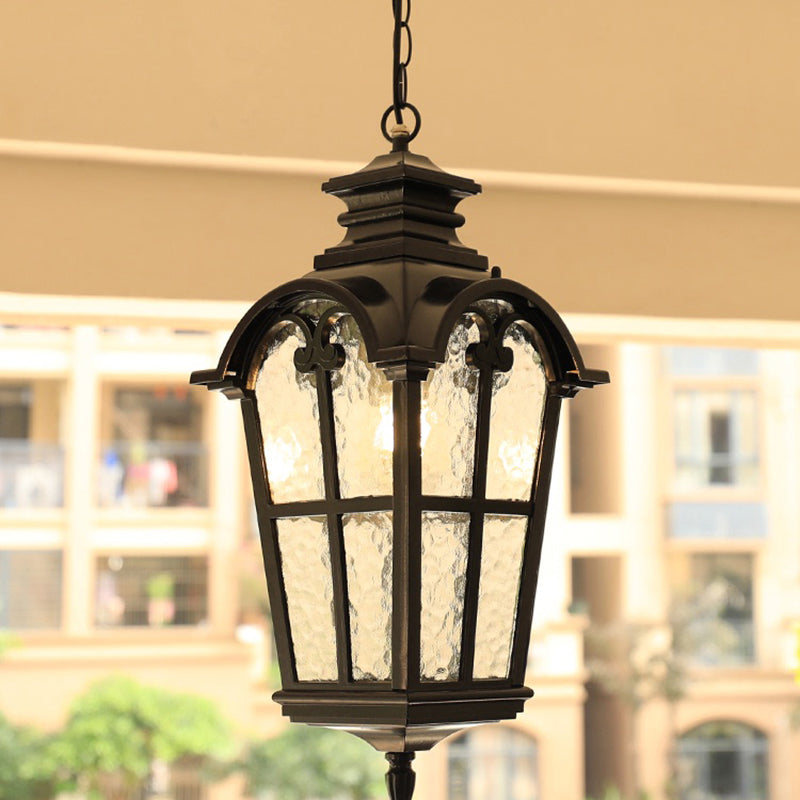 Tapered Rippled Glass Pendant Light - Classic Single Bulb Suspension Lamp For Courtyard In Black