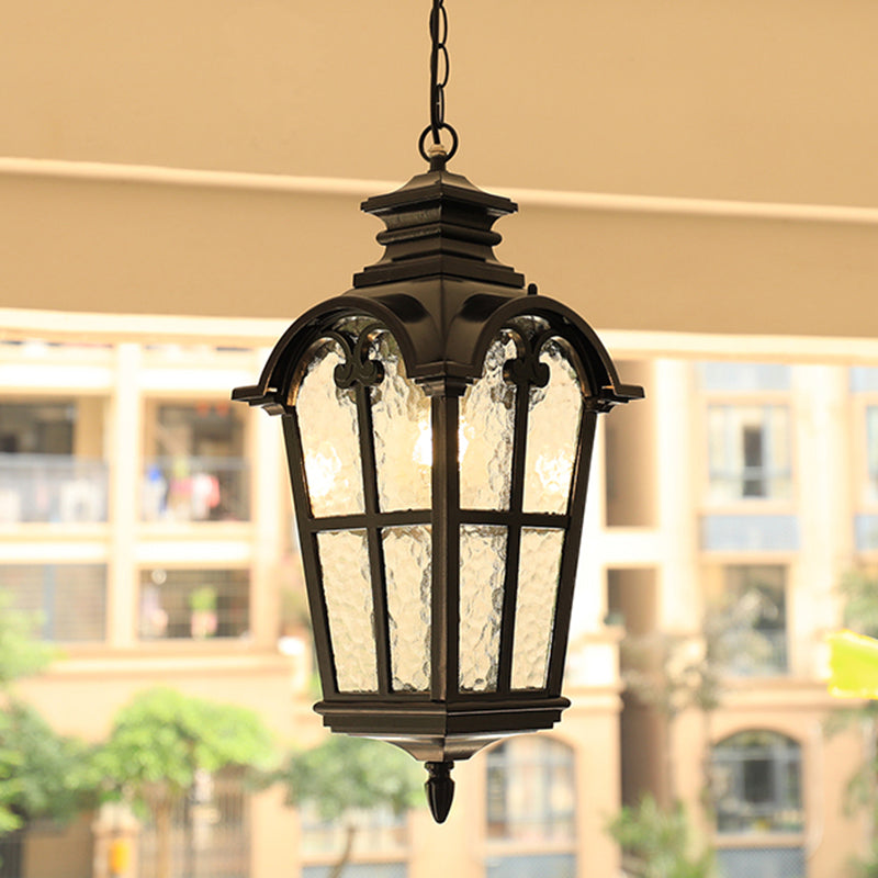 Tapered Rippled Glass Pendant Light - Classic Single Bulb Suspension Lamp For Courtyard In Black