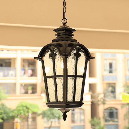 Tapered Rippled Glass Pendant Light - Classic Single Bulb Suspension Lamp For Courtyard In Black