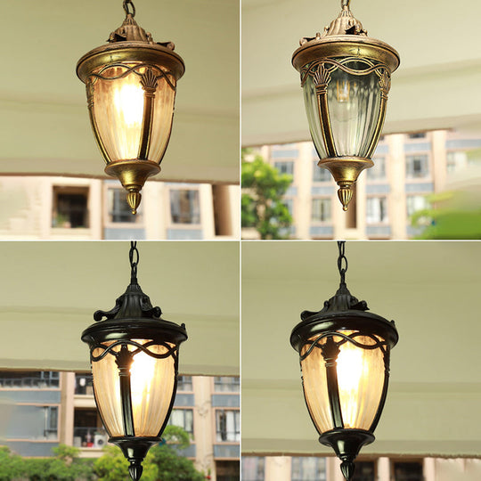 Antique Bell Shaped Ribbed Glass Pendant Light For Outdoor - Single Bulb Drop Suspension Lighting