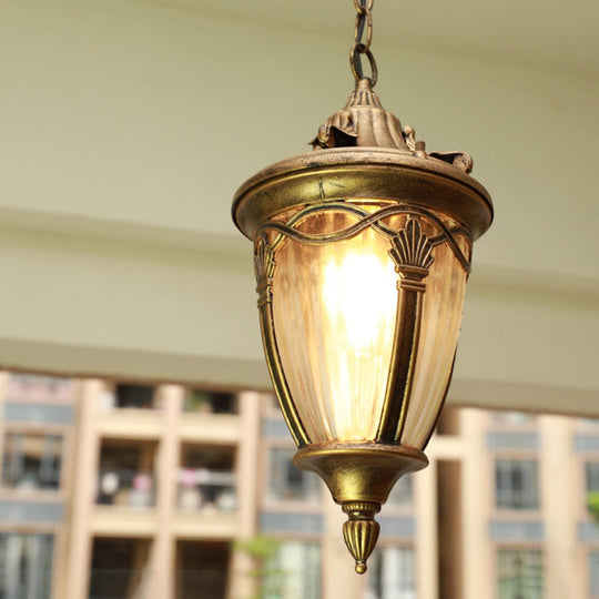 Antique Bell Shaped Ribbed Glass Pendant Light For Outdoor - Single Bulb Drop Suspension Lighting