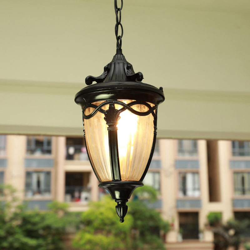 Antique Bell Shaped Ribbed Glass Pendant Light For Outdoor - Single Bulb Drop Suspension Lighting