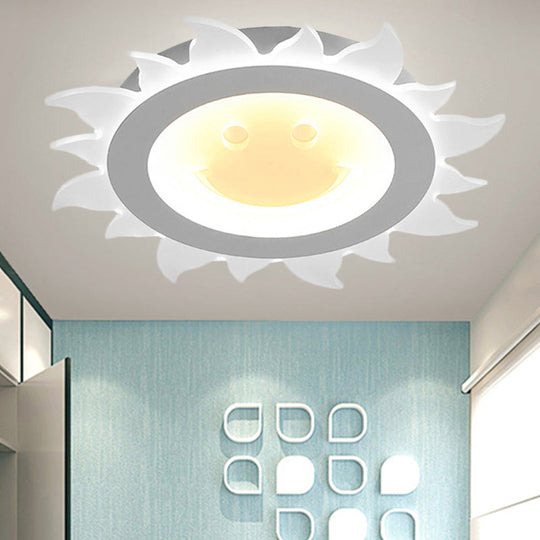 Kids Study Room Smiling Sun Flushmount Ceiling Light with Acrylic Shade, White Finish