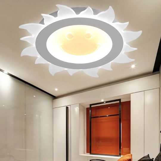 Kids Study Room Smiling Sun Flushmount Ceiling Light with Acrylic Shade, White Finish