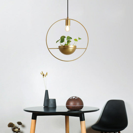 Industrial Metal Pendant Lamp With Gold Loop And Dome Design - 1-Head Suspension Light For Dining