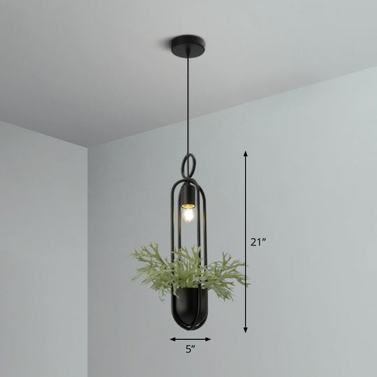 Faux Pot Plant Pendant Light - Industrial Black Metal Hanging Lamp With Bare Bulb Design 1 Bulb

Or