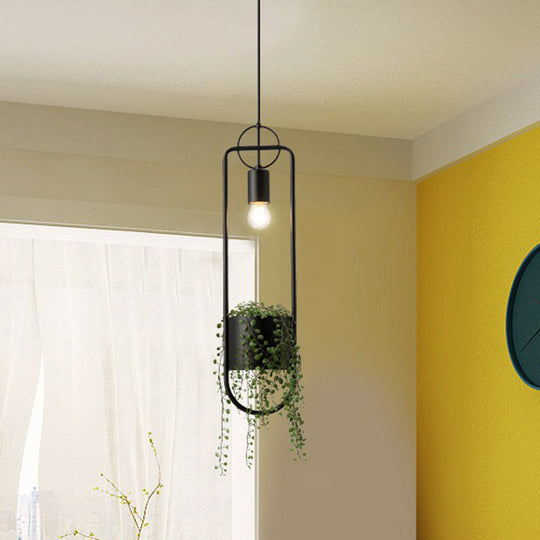 Faux Pot Plant Pendant Light - Industrial Black Metal Hanging Lamp With Bare Bulb Design 1 Bulb

Or