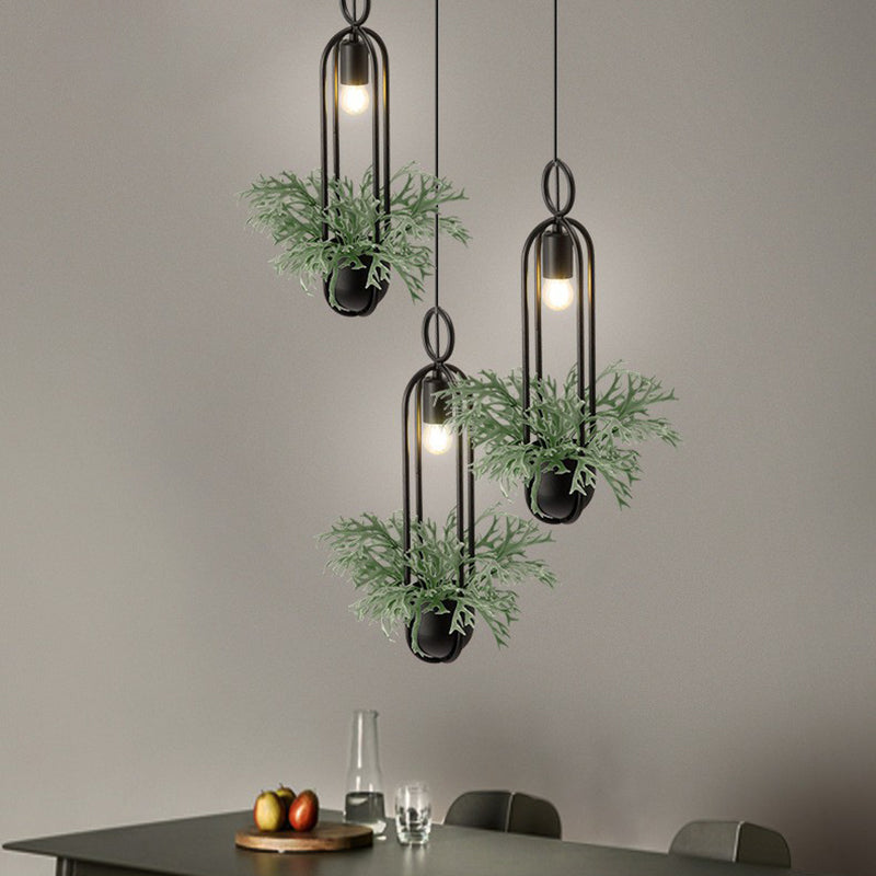 Faux Pot Plant Pendant Light - Industrial Black Metal Hanging Lamp With Bare Bulb Design 1 Bulb

Or