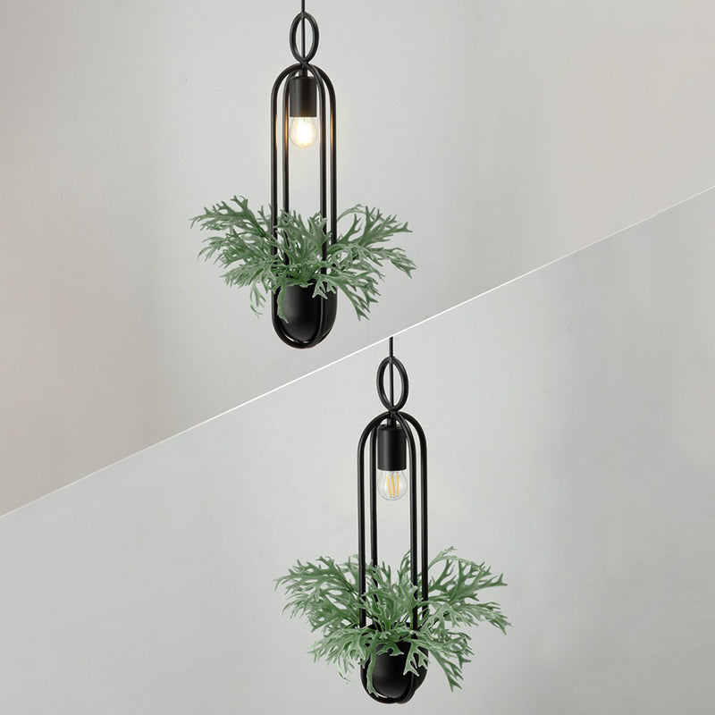 Faux Pot Plant Pendant Light - Industrial Black Metal Hanging Lamp With Bare Bulb Design 1 Bulb

Or