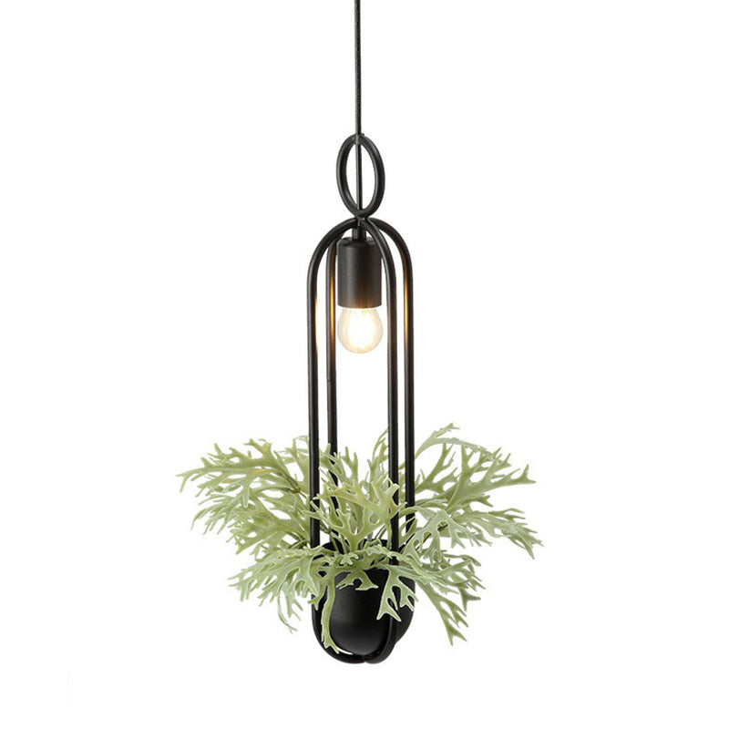 Industrial Black Metal Hanging Pendant Light with Faux Pot Plant and Bare Bulb Design