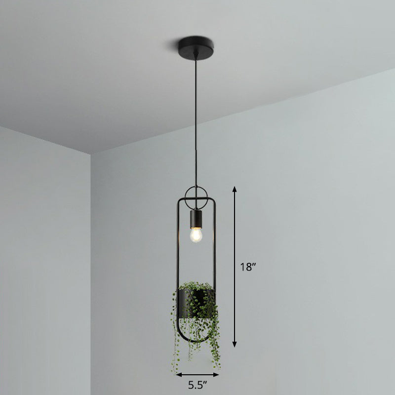 Faux Pot Plant Pendant Light - Industrial Black Metal Hanging Lamp With Bare Bulb Design 1 Bulb

Or