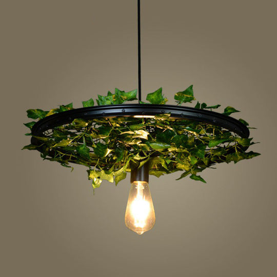 Rustic Wagon Wheel Pendant Light with Iron Suspension and Artistic Plant Design