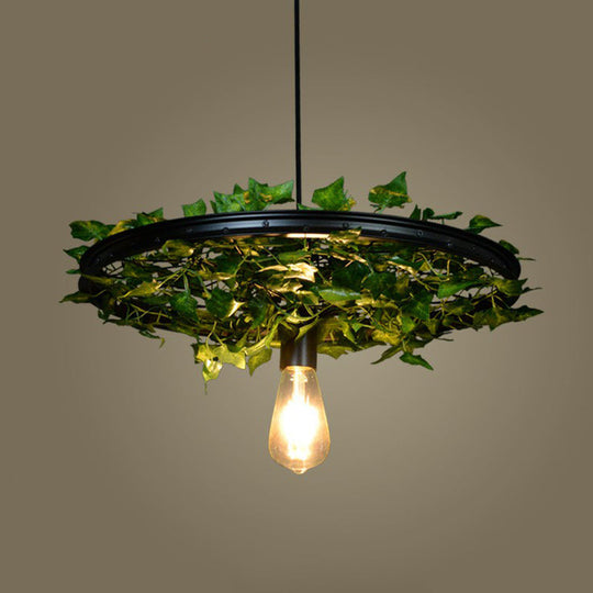 Vintage Industrial Wagon Wheel Pendant Light With Single-Bulb Iron Suspension Artistic Plant Design