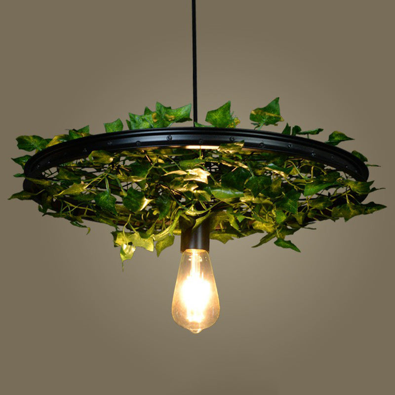 Vintage Industrial Wagon Wheel Pendant Light With Single-Bulb Iron Suspension Artistic Plant Design