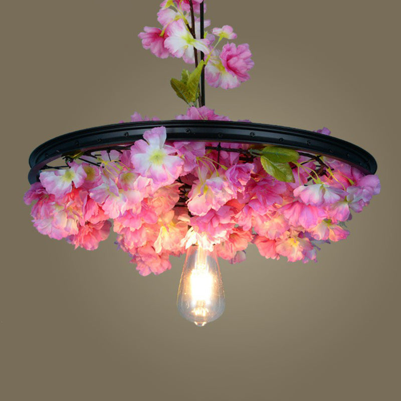 Vintage Industrial Wagon Wheel Pendant Light With Single-Bulb Iron Suspension Artistic Plant Design