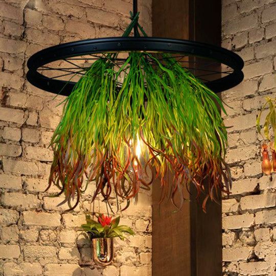 Rustic Wagon Wheel Pendant Light with Iron Suspension and Artistic Plant Design