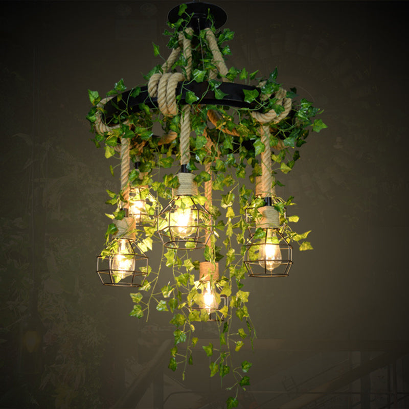 Vintage Iron Wire Cage Chandelier Pendant Light With Rustic Hemp Rope And Faux Plant 4 / Green