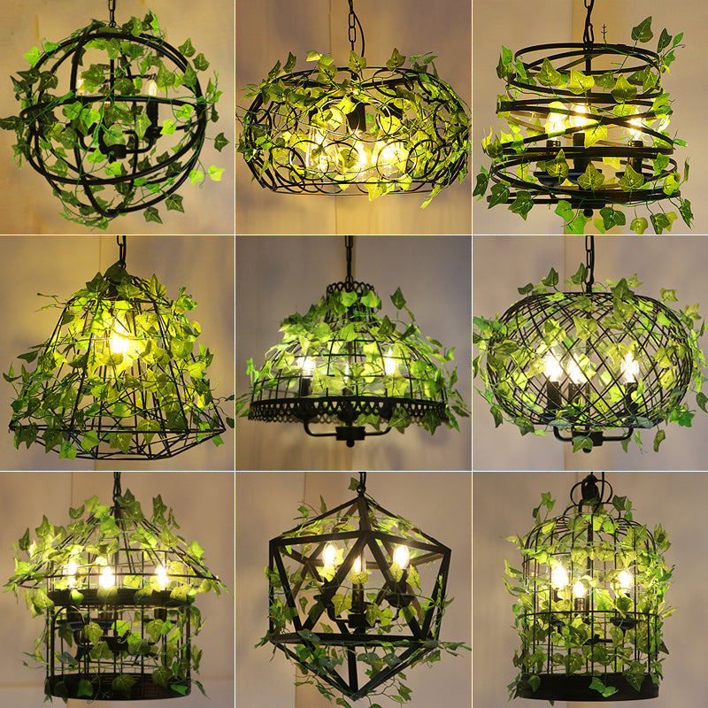 Industrial Green Iron Ceiling Chandelier with 3-Lights, Fake Plant and Cage - Restaurant Pendant Lamp