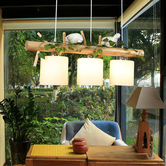 Country Style Milk Glass Cylindrical Island Lamp: Suspension Light With Resin Bird Deco