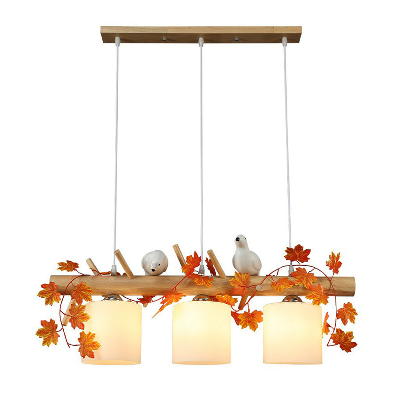 Country Style Milk Glass Cylindrical Island Lamp: Suspension Light With Resin Bird Deco