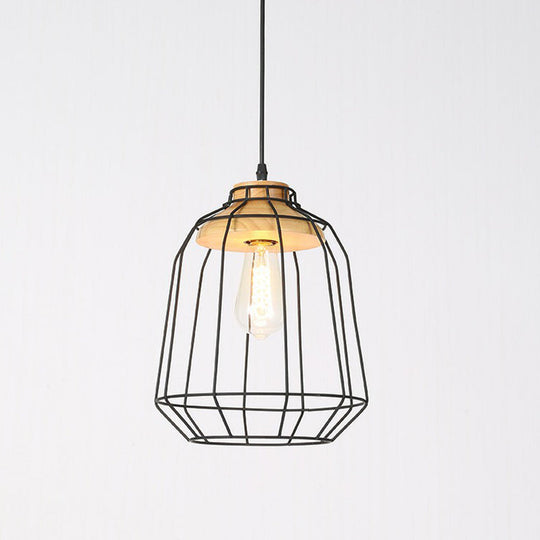 Rustic 1-Bulb Farmhouse Wire Cage Pendant Light with Wood Socket