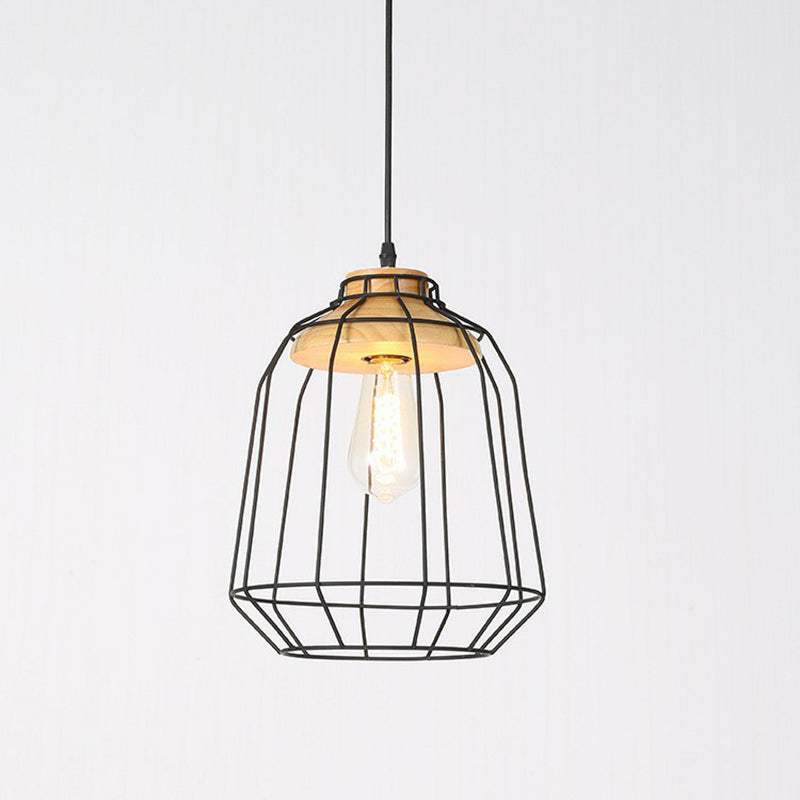 Rustic Iron Pendant Light With Wood Socket Black / Birdcage