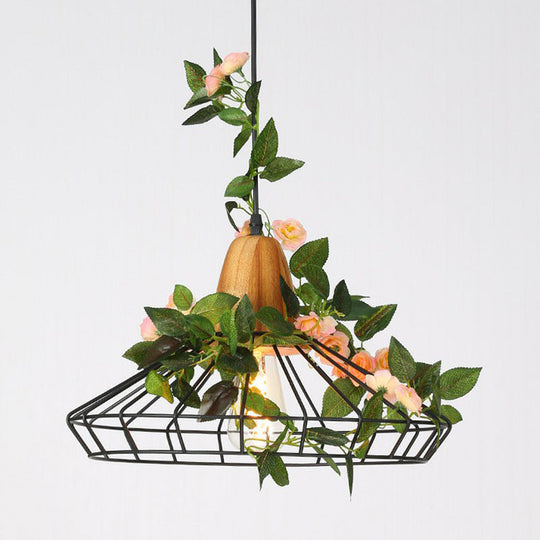 Rustic Iron Pendant Light With Wood Socket Pink / Wide Flare