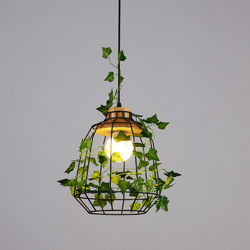 Rustic Iron Pendant Light With Wood Socket Green / Birdcage