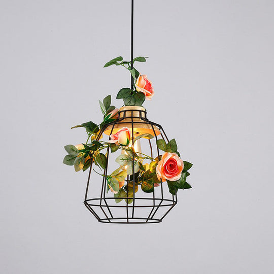 Rustic Iron Pendant Light With Wood Socket Pink / Birdcage