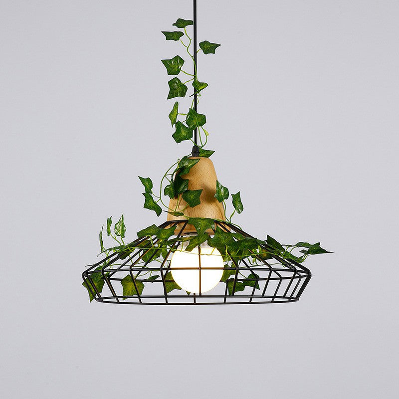 Rustic Iron Pendant Light With Wood Socket Green / Wide Flare