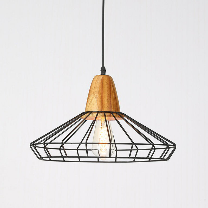 Rustic Iron Pendant Light With Wood Socket Black / Wide Flare