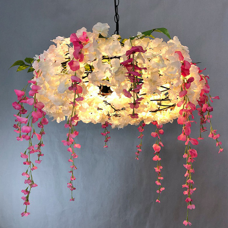 Loft Style Metal Pendant Light Fixture with Fake Flowers - 3-Bulb Round Hanging Lamp for Restaurants