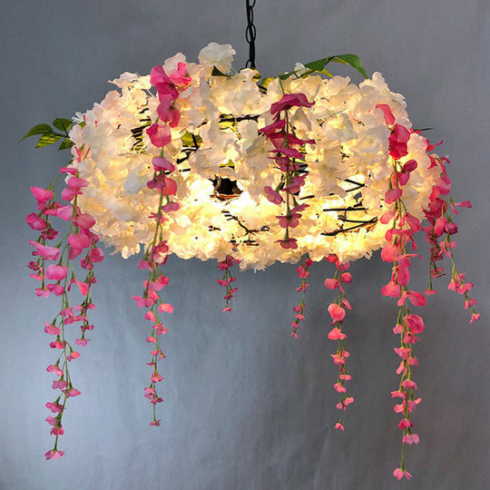 Metal Pendant Light Fixture: 3-Bulb Round Hanging Lamp With Artificial Flowers For Restaurants White