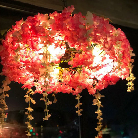 Metal Pendant Light Fixture: 3-Bulb Round Hanging Lamp With Artificial Flowers For Restaurants