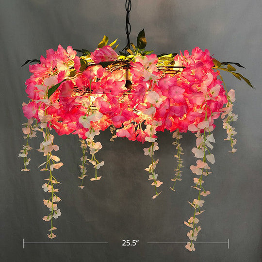 Loft Style Metal Pendant Light Fixture with Fake Flowers - 3-Bulb Round Hanging Lamp for Restaurants