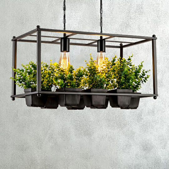 Industrial Cage Island Pendant Light With Plant Pot - 2 Bulbs Metal Rectangular Shape Green