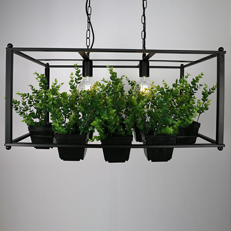 Industrial Cage Island Pendant Light With Plant Pot - 2 Bulbs Metal Rectangular Shape