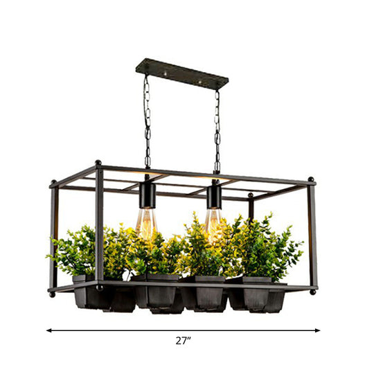 Industrial Cage Island Pendant Light With Plant Pot - 2 Bulbs Metal Rectangular Shape