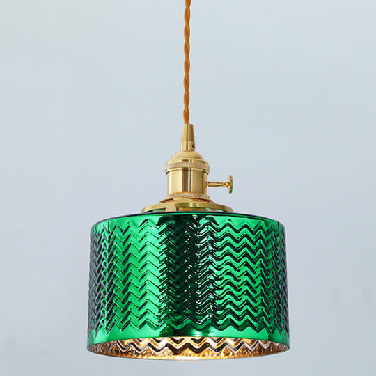 Vintage Wave Glass Bedside Hanging Lamp - Cylindrical 1 Bulb Pendant Light Fixture Green