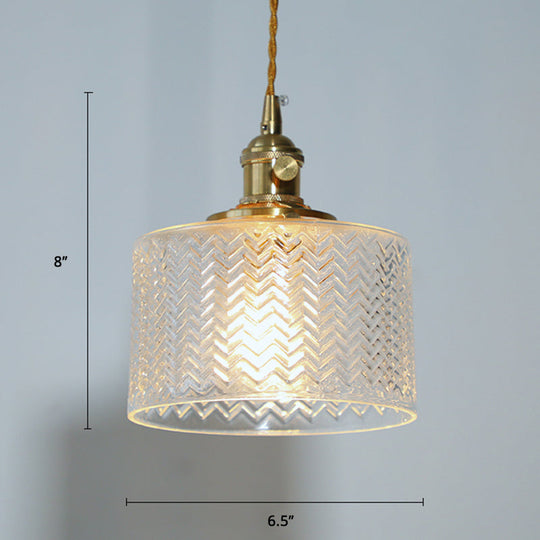 Vintage Wave Glass Bedside Hanging Lamp - Cylindrical 1 Bulb Pendant Light Fixture Clear