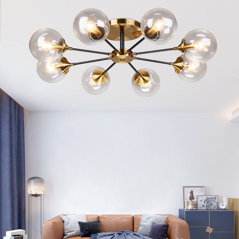 Postmodern Brass Finish Radial Ceiling Lamp With Glass Ball Shade